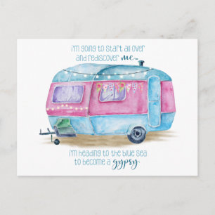 Blauwe en roze Waterverf Retro glamper Briefkaart