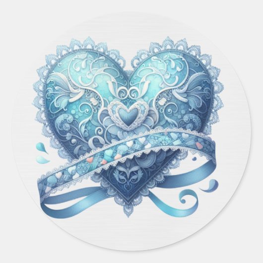 Blauwe en turquoise Fancy Valentijn Ronde Sticker (Voorkant)