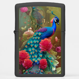 Blauwe en turquoise pauw in rozentuin met roze roz