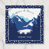 Blauwe en witte bergen en polka-stippen bruiloft bedankjes labels (Voorkant)