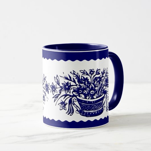 Blauwe en witte, bijtende, ventilatormand en Mok a (Voorkant rechts)