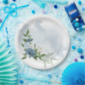 blauwe en witte bloemen botanisch papieren bordje (Feest)