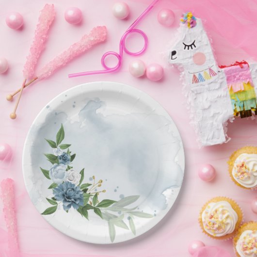 blauwe en witte bloemen botanisch papieren bordje (Feest)