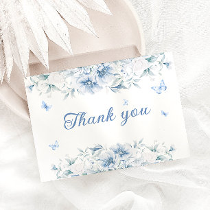 Blauwe en witte bloemen bruiloft dank u kaart