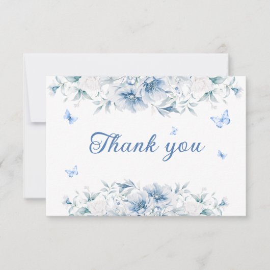 Blauwe en witte bloemen bruiloft dank u kaart (Voorkant)