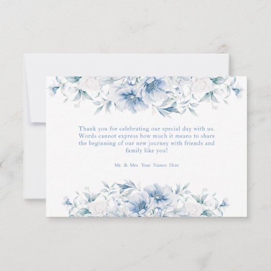 Blauwe en witte bloemen bruiloft dank u kaart (Achterkant)