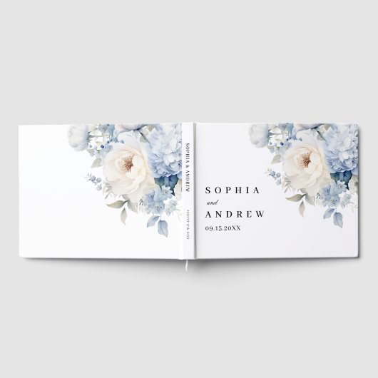 Blauwe en witte bloemen bruiloft gastenboek (Volledig)