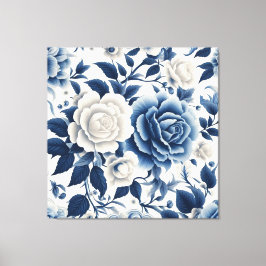Blauwe en witte bloemen canvas afdruk
