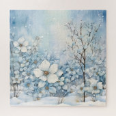 Blauwe en witte bloemen in de winter legpuzzel (Horizontaal)