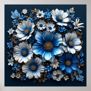 Blauwe en witte bloemen poster