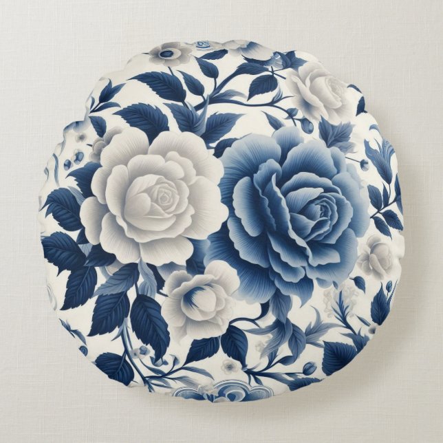 Blauwe en witte bloemen rond kussen (Voorkant)