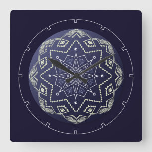 Blauwe en witte bol Mandala wandklok Vierkante Klok