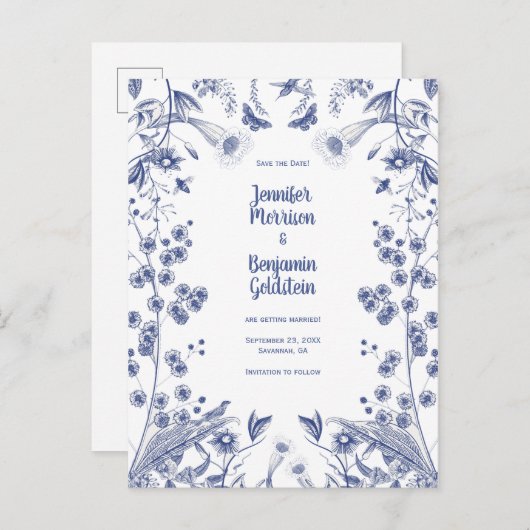 Blauwe en witte botanische tuin Sla de datumadvert Briefkaart (Voorkant / Achterkant)