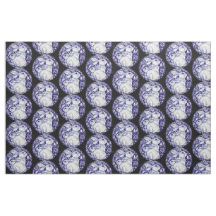 Blauwe en witte Bunny Rabbit Medallion Fabric Blac Stof