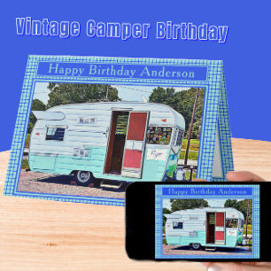 Blauwe en witte Camper Happy Birthday Kaart
