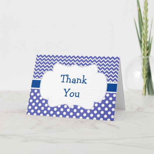 Blauwe en witte Chevron en Polka Dots Dank u Bedankkaart (Voorkant)