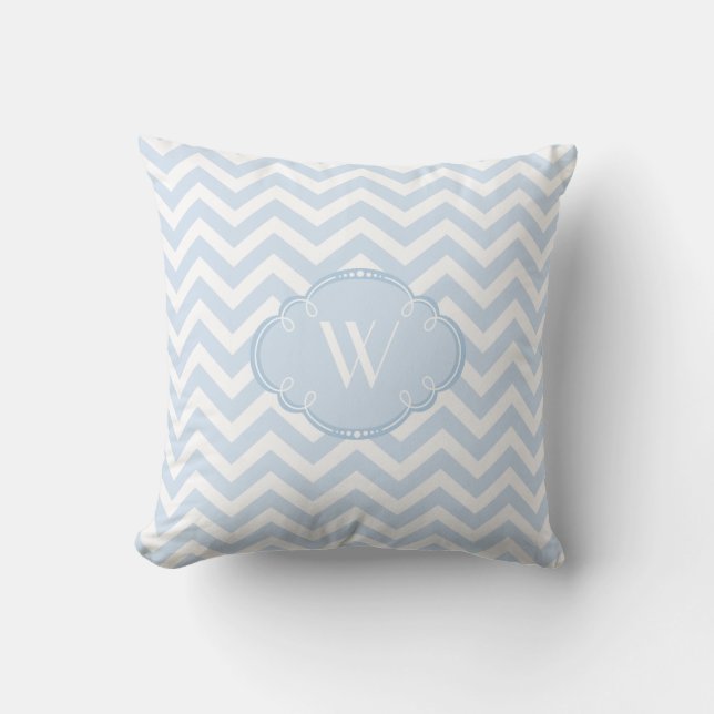 Blauwe en Witte Chevron met Monogram Kussen (Voorkant)