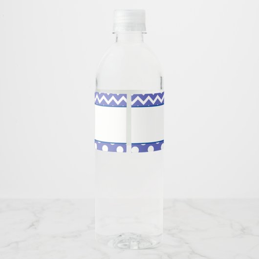 Blauwe en witte Chevron & Polka Dot Baby Waterfles Etiket (Achterkant)