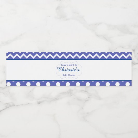 Blauwe en witte Chevron & Polka Dot Baby Waterfles Etiket (Enkel label)