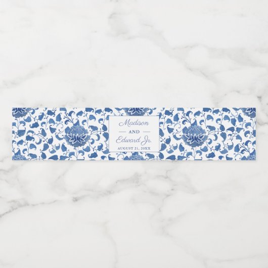 Blauwe en witte Chinese Vrijgezellenfeest Waterfles Etiket (Enkel label)