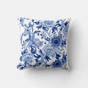 Blauwe en witte chinoiserie Bird n Foliage Kussen