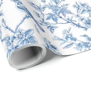 Blauwe en witte Chinoiserie Bloemvogels Cadeaupapier