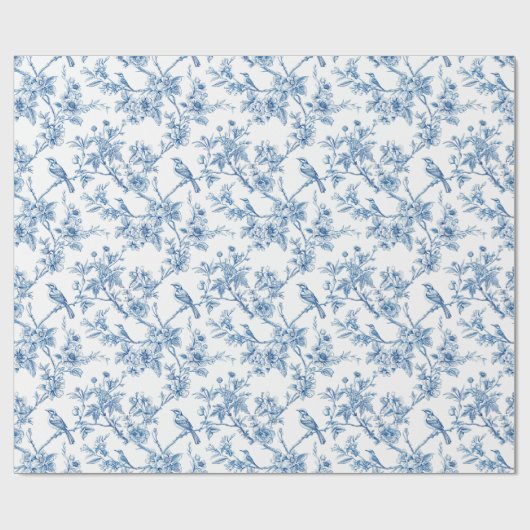 Blauwe en witte Chinoiserie Bloemvogels Cadeaupapier (Vlak)