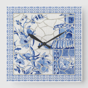 Blauwe en witte Chinoiserie Chic Bird Mosaic Vierkante Klok