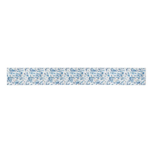 Blauwe en witte Chinoiserie Vogelvogels Grosgrain Lint (Voorkant)