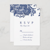 Blauwe en witte elegante  kant bruiloft RSVP (Voorkant / Achterkant)
