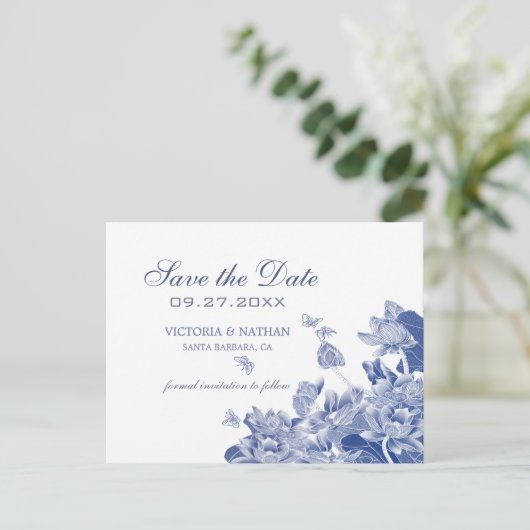 Blauwe en witte Floral Chinoiserie sparen de Datum Briefkaart (Staand voorkant)