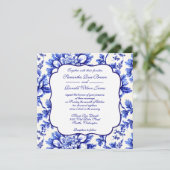 Blauwe en witte Floral Frans Decor Wedding Kaart (Staand voorkant)
