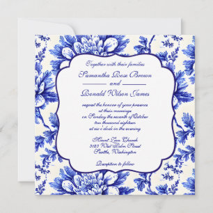 Blauwe en witte Floral Frans Decor Wedding Kaart