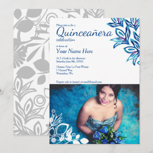 Blauwe en witte Floral Quinceañera Foto uitnodigin Kaart