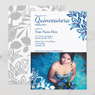 Blauwe en witte Floral Quinceañera Foto uitnodigin Kaart