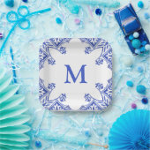 Blauwe en witte Floral Tegel Monogram Napkins Papieren Bordje (Feest)