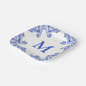 Blauwe en witte Floral Tegel Monogram Napkins Papieren Bordje (Gebogen)