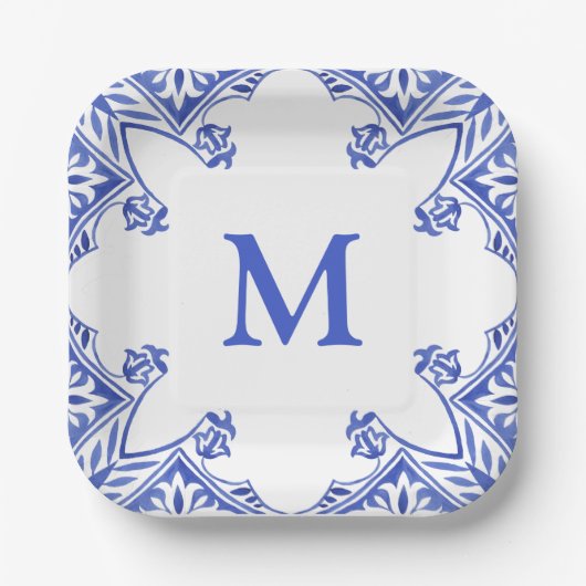 Blauwe en witte Floral Tegel Monogram Napkins Papieren Bordje (Voorkant)