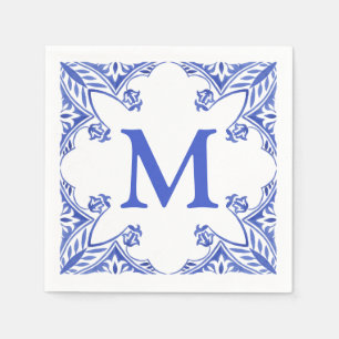 Blauwe en witte Floral Tegel Monogram Napkins Servet