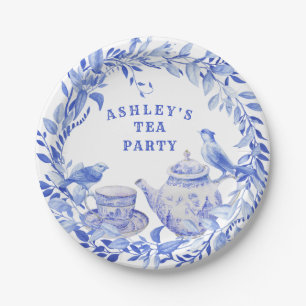 Blauwe en witte Floral Thea Pot met vogels Papieren Bordje