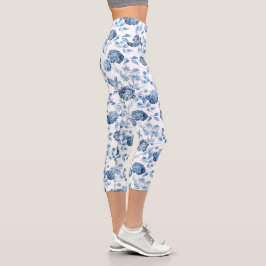 Blauwe en witte Floral Toile Capri-Leggings