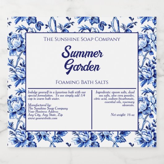 Blauwe en witte Floral Waterbestendige Bath Salts  Sparkling Wijnetiket (Enkel label)