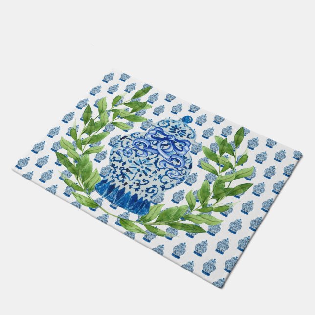 Blauwe en witte gember jar deurmat (Schuin)