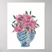 Blauwe en witte gember jar roze rozen kunst Afdruk Poster (Voorkant)
