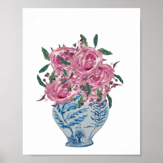 Blauwe en witte gember jar roze rozen kunst Afdruk Poster (Voorkant)