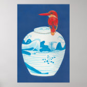 Blauwe en witte gemberpot met rode ijsvogel poster (Voorkant)