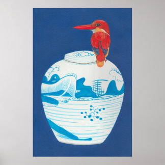 Blauwe en witte gemberpot met rode ijsvogel poster