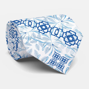 Blauwe en witte geometrische Floral Chinoiserie Ne Stropdas