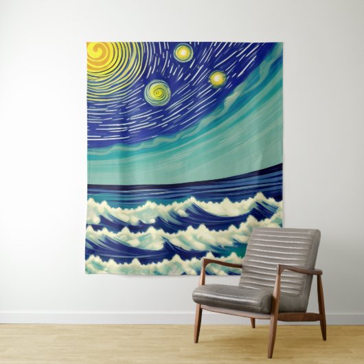 Blauwe en witte golven Lunar Stars Wandkleed (In situ)
