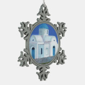 Blauwe en witte Grieks-Cypriotische kerk Tin Sneeuwvlok Ornament (Links)